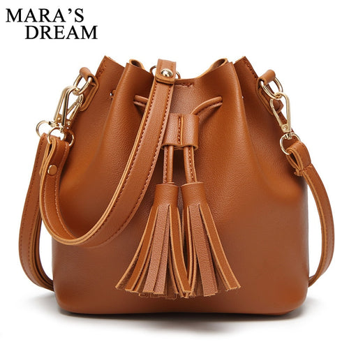 Mara's Dream 2018 Bucket Bags Women Handbags PU Leather Drawstring Solid Color Tassel Designer Women Shoulder Bag Luxury Bags